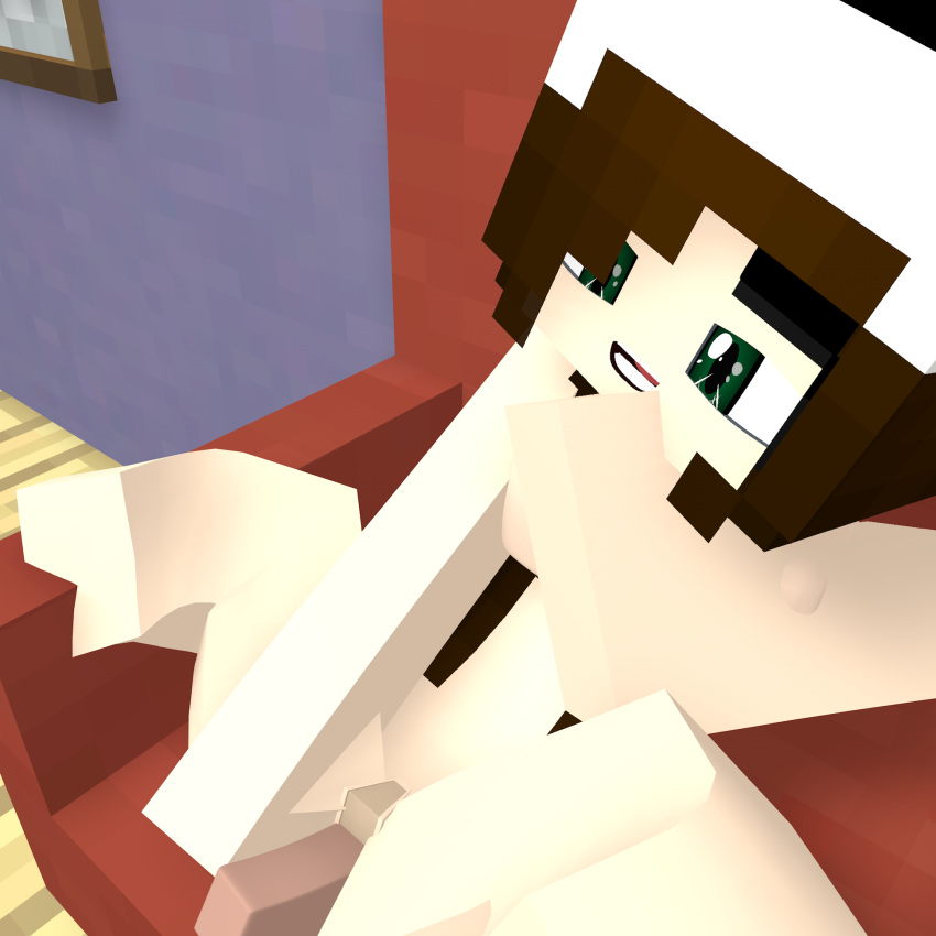 3d brown_hair cubic_breasts dildo female green_eyes masturbation minecraft nude solo tagme