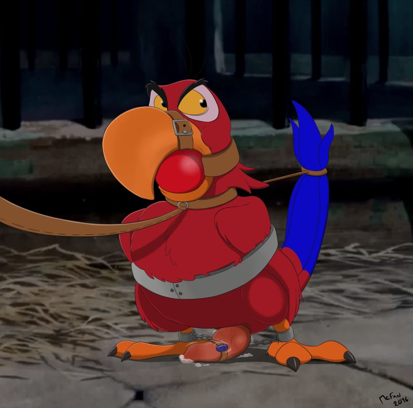 1boy aladdin animal_genitalia animal_penis annoyed anthro avian ball_gag bird bondage bound bound_tail canine_penis collar disney egg_vibrator erection feathers front_view frown fully_bound gag gagged iago knot leash looking_away male male_only mcfan parrot penis precum screencap_background sex_toy shackles signature solo standing tail_bondage tail_feathers unseen_character vibrator vibrator_on_penis wings yellow_sclera