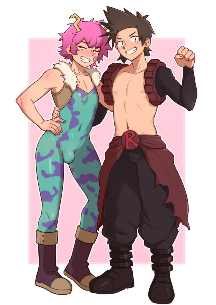 2boys 2d ashido_mina_(cosplay) blush boku_no_hero_academia brown_hair bulge bulge_through_clothing bulge_under_clothes color cosplay crossdressing dross femboy femboy_focus jacob_(dross) light-skinned_male light_skin male male/male male_focus male_only mina_ashido_(cosplay) my_hero_academia original original_character original_characters pink_hair shounen_jump taylor_(dross) tight_clothing
