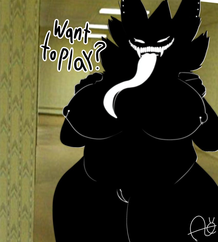 2025 absurd_res aimskull anthro ass backrooms_creature black_body breasts canid canine detailed_background digital_media_(artwork) ear_piercing female genitals glowing glowing_eyes hair hi_res karelia_(acerattman) looking_at_viewer mammal monster nipple_piercing nipples piercing pussy signature size_difference smile smiler_(the_backrooms) solo teeth text the_backrooms thick_thighs vulva wide_hips