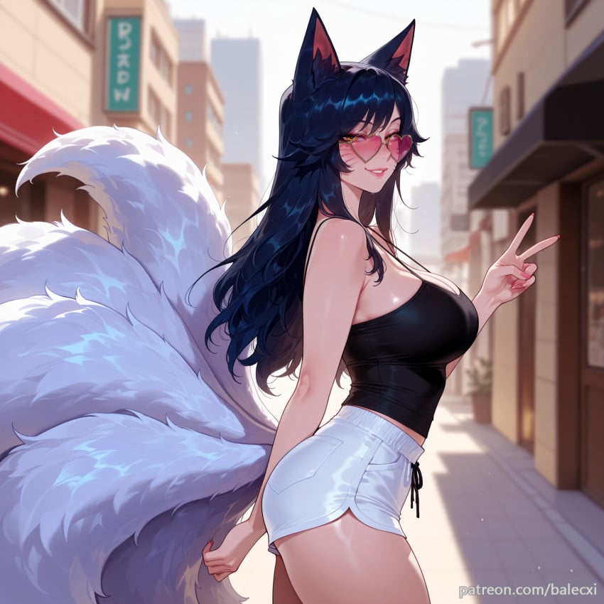 ahri ahri_(league_of_legends) ai_generated animal_ears balecxi bare_shoulders black_hair blurry blurry_background day facial_mark female fox_ears fox_tail from_side heart heart-shaped_eyewear large_breasts league_of_legends long_hair looking_at_viewer multiple_tails outdoors patreon_username pink-tinted_eyewear riot_games short_shorts smile solo sunglasses tinted_eyewear v whisker_markings white_shorts yellow_eyes