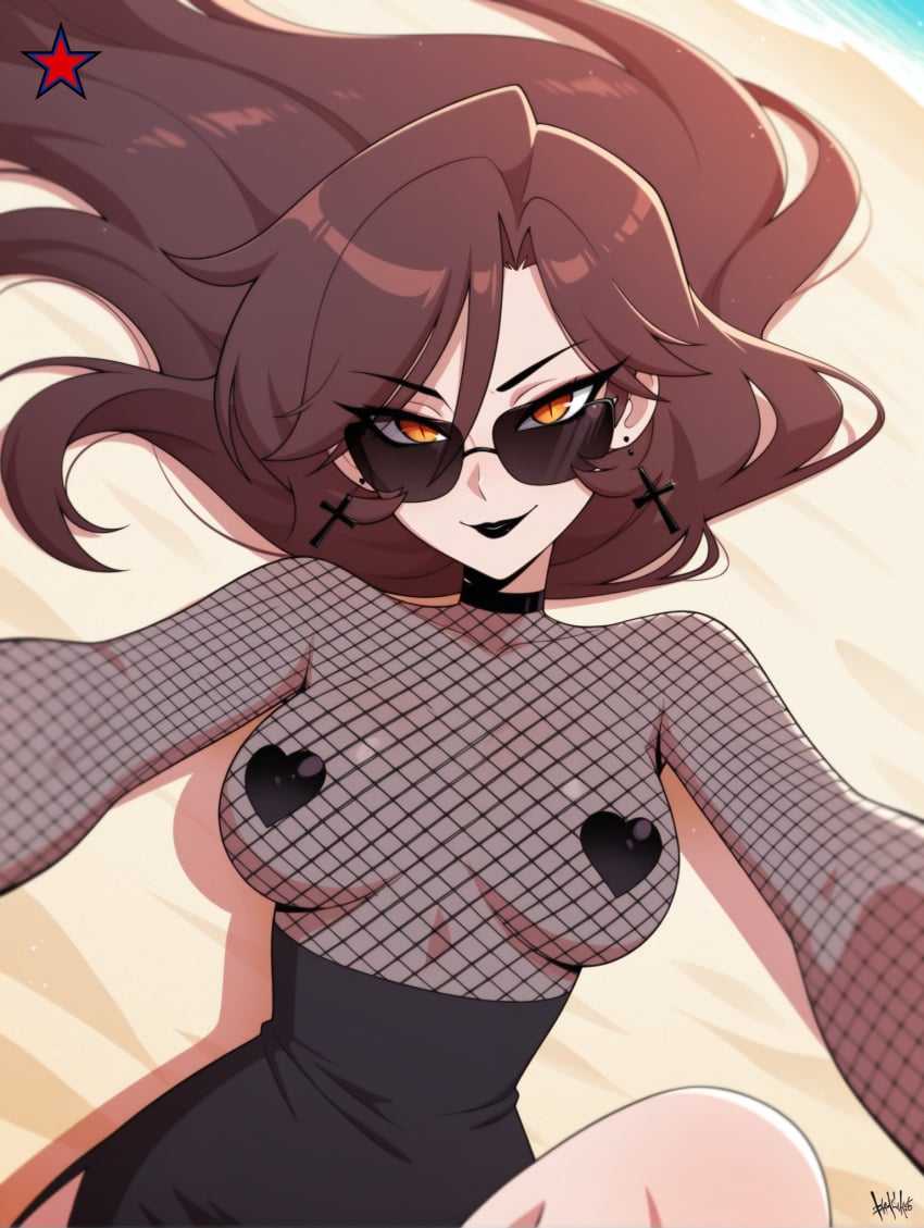 1girls 2024 ai_generated amber_eyes beach black_dress black_pasties breasts brown_hair cross_earrings deviantart_link dress ear_ring earrings female female_focus female_only fishnet_topwear fishnets heart_pasties helluva_boss kiki_(helluva_boss) light-skinned_female light_skin long_hair looking_at_viewer makerdeviant outside pasties sea seaside smile sunglasses translucent translucent_clothing watermark