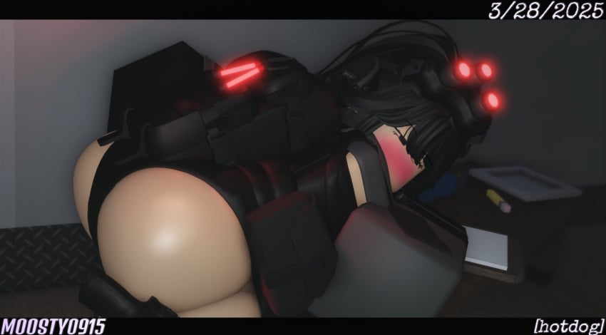 1girls 2025 3d agnes_(rikamime) ass backpack bent_over bent_over_table big_ass black_eyes black_gloves black_hair black_leotard blush clothed clothed_female clothing dated decaying_winter discord_tag english_text eyebrows_visible_through_hair female female_only firearm gloves glowstick grey_clothing grey_sleeves gun headset leotard letterbox letterboxed long_hair long_sleeves moosty night_vision_goggles original_character pale-skinned_female pale_skin pencil pistol plate ponytail pouch pouches presenting presenting_ass presenting_hindquarters red_light roblox roblox_game robloxian side_view sleeves solo standing table tactical_gear text thick_thighs thighs