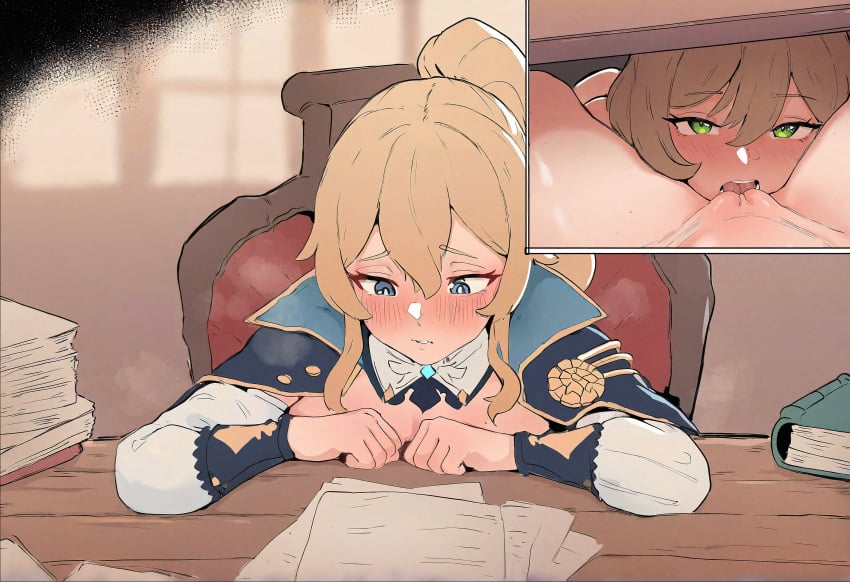 2girls ai_generated blonde_hair blush cunnilingus desk female genshin_impact hidden_sex hornyskitarii jean_gunnhildr leaking_pussy lisa_(genshin_impact) multiple_views no_panties pussy self_upload under_the_table