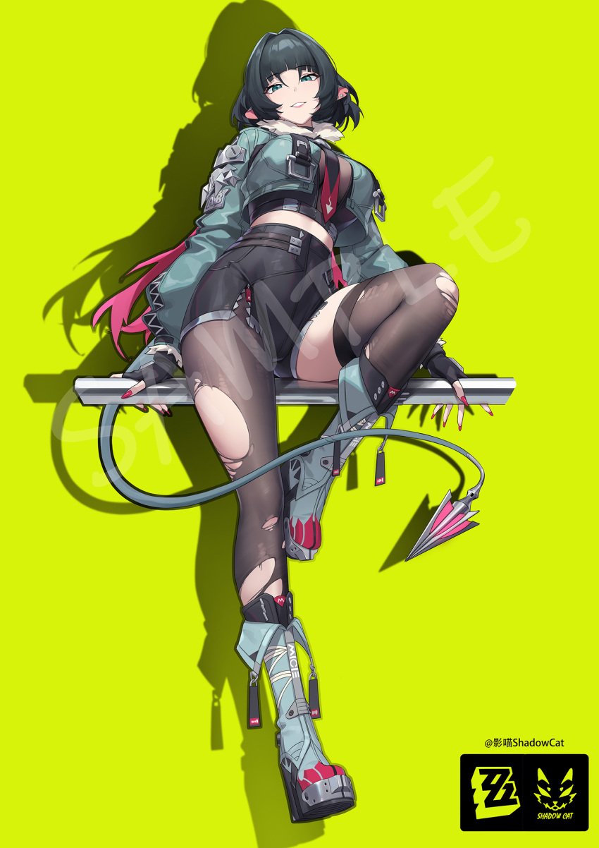 animal_ears belt black_gloves black_hair black_shirt black_shorts boots breasts brown_pantyhose female fingerless_gloves full_body fur-trimmed_jacket fur_trim gloves gradient_hair grey_eyes grey_jacket grin high-waist_shorts highres jacket jane_doe_(zenless_zone_zero) large_breasts long_hair long_sleeves looking_at_viewer mouse_ears mouse_girl mouse_tail multicolored_hair necktie pantyhose pink_hair shadow_cat shadow_cat_(yingmiao) shirt shorts single_leg_pantyhose smile solo tail zenless_zone_zero