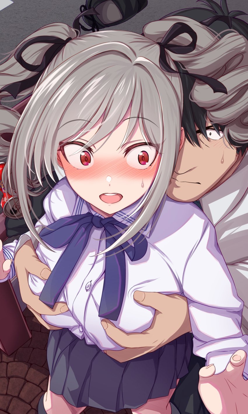 1boy :d absurdres accidental_pervert black_hair black_socks blush breasts commission drill_hair female grabbing_another's_breast grey_hair groping hair_ribbon highres idolmaster idolmaster_cinderella_girls kanzaki_ranko kneehighs male morino_shoutarou open_mouth pixiv_commission pleated_skirt producer_(idolmaster) producer_(idolmaster_cinderella_girls_anime) red_eyes ribbon school_uniform skirt smile socks straight sweatdrop teeth twin_drills twintails