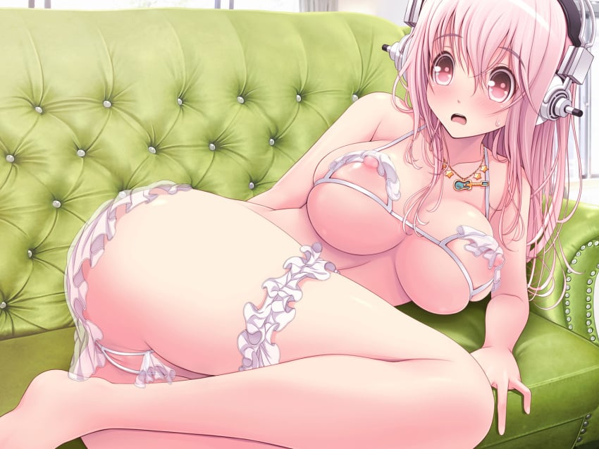 bikini blush breasts couch female frilled_bikini frills headphones highres large_breasts leg_garter legs_folded long_hair nipple_slip nipples nitroplus open_mouth pink_eyes pink_hair pussy solo super_sonico swimsuit v-mag white_bikini white_swimsuit