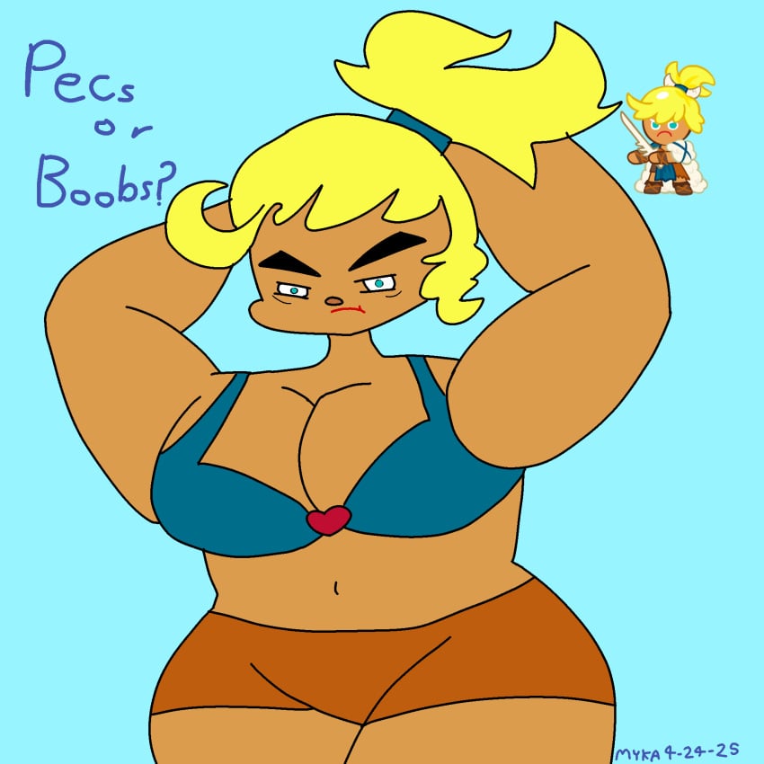 angry angry_expression angry_face blonde_hair blue_eyes breasts brown_body brown_skin busty busty_boy cookie_run cookie_run_ovenbreak funny_face knight_cookie male male_only male_with_breasts nsfwmyka pecs pout pouting pouty_lips question red_lips red_lipstick squint squinted_eyes squinting tan_body tan_skin text yellow_hair