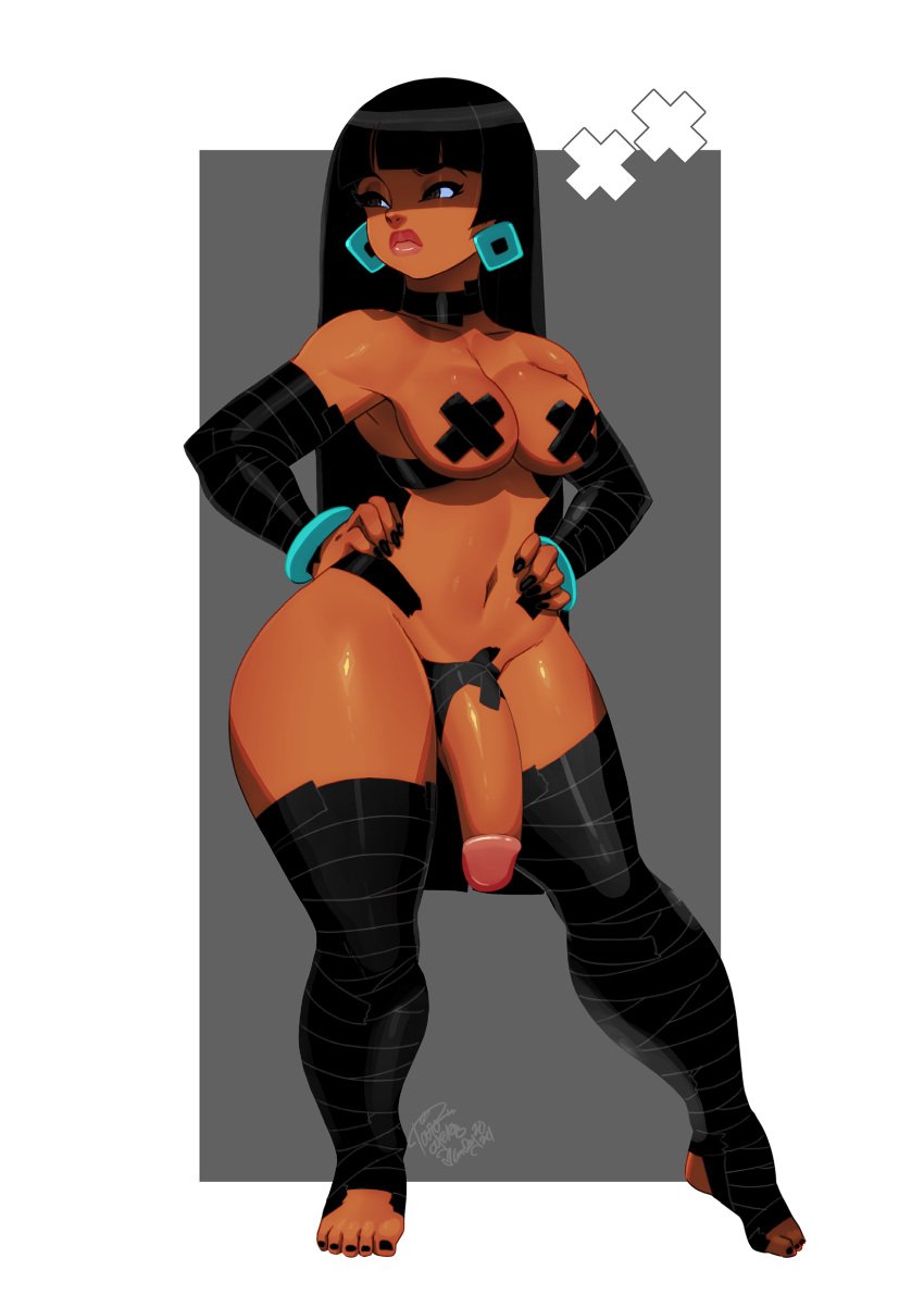 1futa 2024 big_breasts big_penis black_hair breasts brown_eyes casual chel dark-skinned_futa dark-skinned_futanari dark_skin dreamworks earrings female flaccid futa_only futanari goth goth_chel goth_girl gothified hands_on_hips hi_res human intersex littlemedecine long_hair narrowed_eyes partially_clothed penis pinup solo tape taped taped_arms taped_legs taped_nipples the_road_to_el_dorado thick_thighs tovio_rogers wide_hips