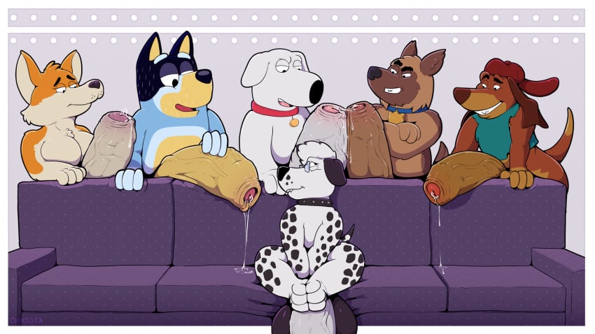 2025 all_dogs_go_to_heaven anthro australian_cattle_dog bandit_heeler big_penis black_nose bluey_(series) bodily_fluids brian_griffin bullet_(paradise_pd) canid canine canis cattledog chikiota collar dalmatian digital_media_(artwork) domestic_dog don_bluth elsa_(housebroken) eyebrows family_guy fingers foreskin furniture genital_fluids genitals german_shepherd group half-closed_eyes herding_dog hi_res housebroken huge_cock humanoid_genitalia humanoid_penis itchy_itchiford male male/male mammal narrowed_eyes paradise_pd pastoral_dog penis precum sitting sofa uncircumcised vein