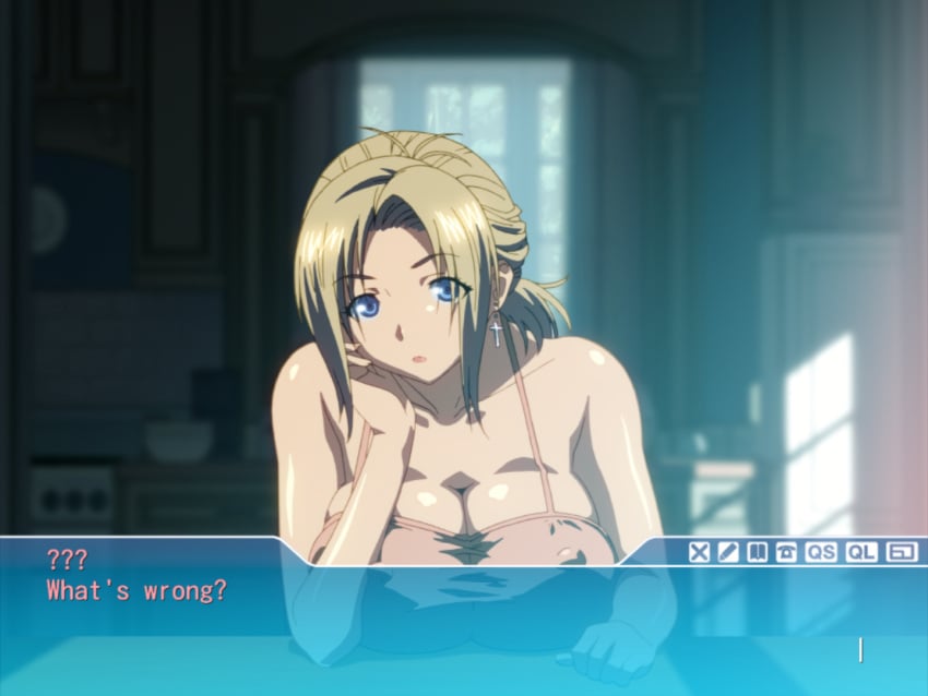 1440x1080 1boy 1girls 2010s 2011 age_difference ahoge blonde_hair blue_eyes concerned concerned_expression concerned_look cross cross_earrings ear earring earrings ears female game_cg huge_breasts jellyfish_(company) kamimura_akiko keisuke_(sisters) kouzaka_kouhei latin_cross lip lips luscious_lips male nipples_visible_through_clothing no_bra older_woman_and_younger_man pov sisters_~natsu_no_saigo_no_hi~ step-incest stepmother stepmother_and_stepson taki_minashika talk talking talking_to_another visual_novel