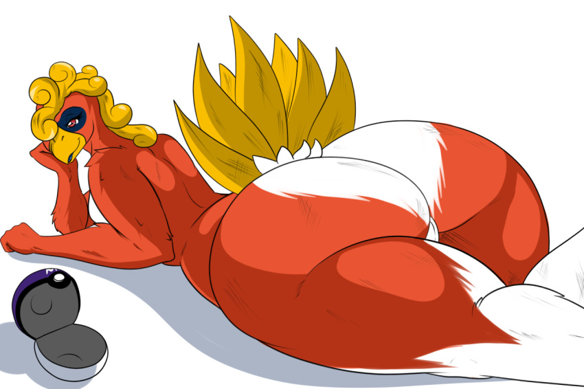 1girls artist_request ass avian back beak big_ass female ho-oh legendary_pokemon looking_at_viewer looking_back nintendo open_mouth poke_ball pokemon pussy red_eyes smile solo tail video_games white_background