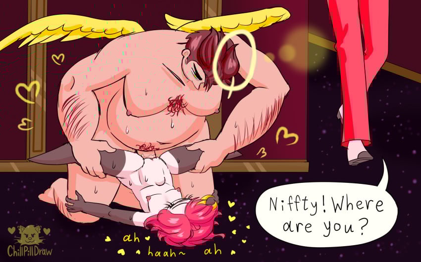 1_eye adam_(hazbin_hotel) angel angel_humanoid bodily_fluids breasts brown_hair charlie_morningstar_(hazbin_hotel) chillpill-draw closed_eyes cyclops demon demon_humanoid demon_on_angel detailed_background dialogue faceless_character faceless_female female female_penetrated from_front_position genitals group hair halo hazbin_hotel hi_res humanoid interspecies looking_pleasured lying male male/female male_penetrating male_penetrating_female missionary_position niffty nipples nude on_back overweight overweight_male penetration penile penile_penetration penis penis_in_pussy pussy red_hair sex smile speech_bubble sweat trio vaginal_penetration white_body wings yellow_eyes