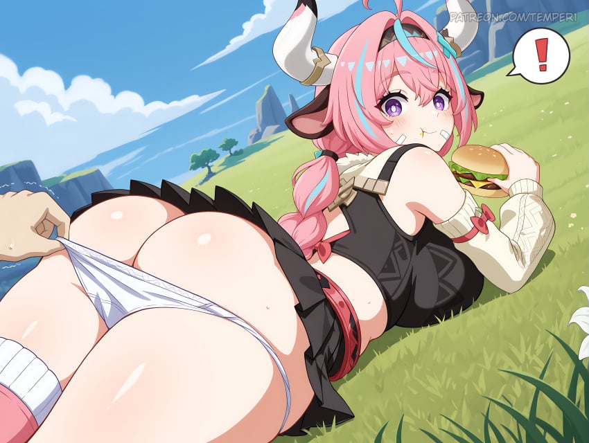 ! 1boy 1girls :t ahoge ai_generated animal_ears ass bare_shoulders black_skirt blue_hair blue_sky blush braid breasts cloud cow_ears cow_girl cow_horns day detached_sleeves eating female food food_on_face genshin_impact grass hair_intakes hairband holding holding_food horns large_breasts long_hair long_sleeves looking_at_viewer looking_back lying male miniskirt multicolored_hair on_stomach outdoors panties panty_pull pink_hair pink_thighhighs pleated_skirt pulling_another's_clothes purple_eyes single_thighhigh skirt sky solo_focus spoken_exclamation_mark streaked_hair sweat thighhighs thighs two-tone_hair underwear varesa_(genshin_impact) white_panties