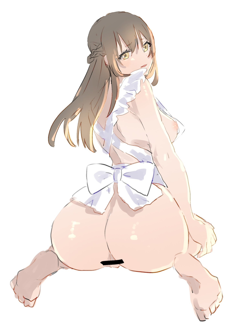 back_bow bow braid breasts brown_hair censored crescent crescent_earrings earrings female half_up_braid heaven_burns_red highres jewelry large_breasts long_hair looking_back mosaic_censoring nanashisanhvbn nipples ooshima_ichiko solo yellow_eyes