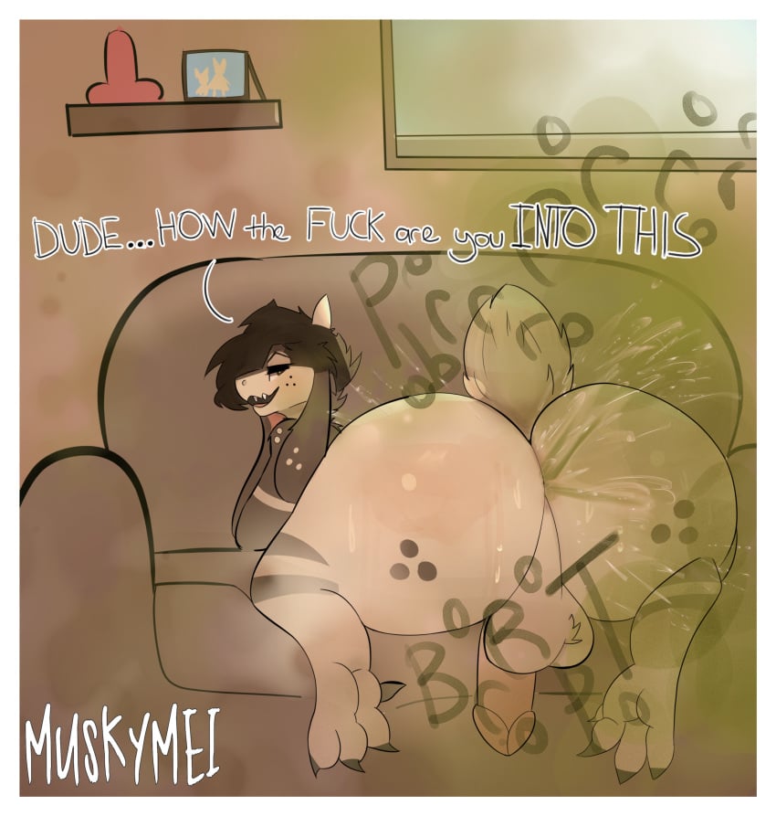 absurd_res anthro ass balls bodily_fluids bovid caprine digital_media_(artwork) fart fart_cloud fart_fetish farting_at_viewer genitals goat gobbit hair hi_res horn male mammal mei_(muskymei) musk musk_clouds muskymei nude penis smelly solo sweat