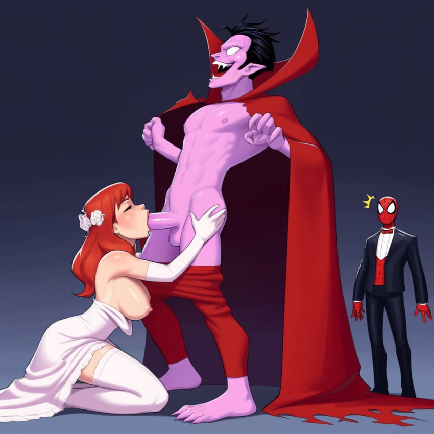 (marvel), (series), ai_generated cape, cock, devil, dick, down, dress, hair, jane marvel mary mephisto oral pink pulled red sex, skin, spider-man spider-man, sucking top tuxedo, watson, wedding wedding,