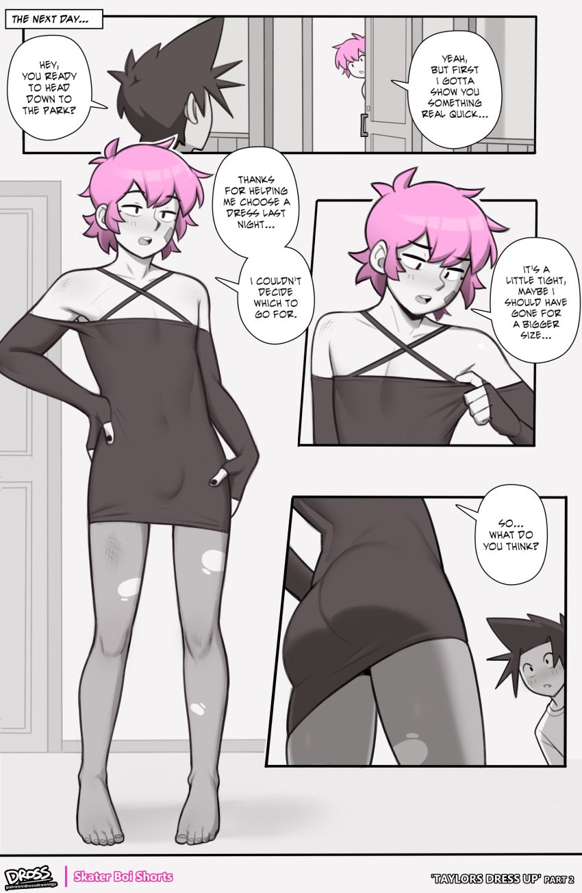 black_and_white bulge_through_clothing comic comic_page crossdressing crossdressing_male dress dross feet femboy gay greyscale jacob_(dross) leggings male male_only no_sex(yet) pink_hair story taylor_(dross)