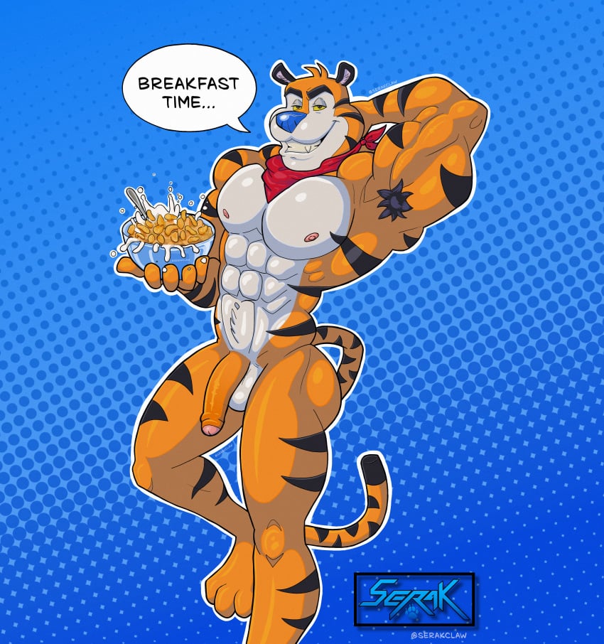 absurd_res anthro bedroom_eyes belly biceps big_penis blue_nose bowl cereal_bowl container fangs felid feline foreskin frosted_flakes fur genitals hi_res kellogg's kerchief looking_at_viewer male mammal mascot milk muscular narrowed_eyes nipples orange_body pantherine pecs penis seductive serak_claw smile smiling_at_viewer smirk smirking_at_viewer solo splash striped_body striped_fur stripes teeth tiger tony_the_tiger uncircumcised white_belly yellow_eyes