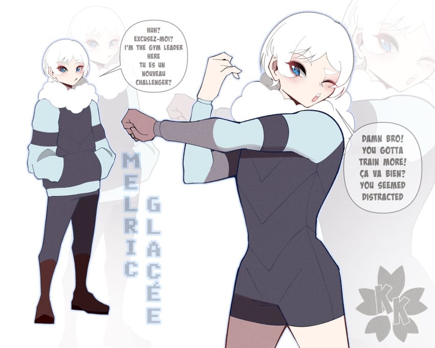 1boy 2025 blue_eyes dialogue english_text femboy feminine_male french_text girly hands_in_pockets hi_res kokoe looking_at_viewer male male_only melric_glac&eacute;e_(kokoe) original short_hair solo speech_bubble talking_to_viewer white_background white_hair