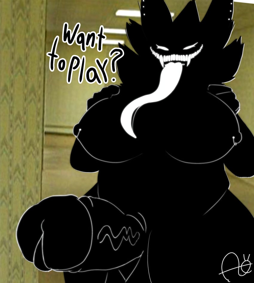 2025 absurd_res aimskull anthro ass backrooms_creature big_penis black_body breasts canid canine detailed_background digital_media_(artwork) ear_piercing futanari genitals glowing glowing_eyes hair hi_res huge_cock intersex karelia_(acerattman) looking_at_viewer mammal monster nipple_piercing nipples penis piercing signature size_difference smile smiler_(the_backrooms) solo teeth text the_backrooms thick_thighs wide_hips