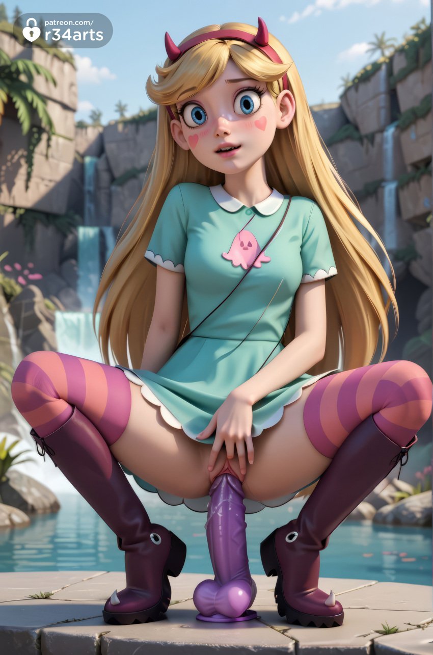 , 1girls ai_generated aqua_dress artist_name blonde_hair blue_dress blue_eyes blue_sky blush boots breasts day dildo dildo_in_pussy dildo_insertion dildo_riding disney disney_channel disney_xd dress facial_mark fake_horns female_masturbation full_body green_dress hairband heart hi_res horned_headwear horns instagram_logo knee_boots lips long_hair looking_at_viewer masturbation nail_polish no_panties object_insertion open_mouth outdoors parted_lips pink_nails pink_thighhighs pussy pussy_juice r34arts sex_toy short_sleeves small_breasts solo spread_legs squatting star_butterfly star_vs_the_forces_of_evil striped_clothes striped_thighhighs thighhighs twitter_logo uncensored vaginal_insertion vaginal_masturbation vaginal_object_insertion vaginal_penetration water waterfall