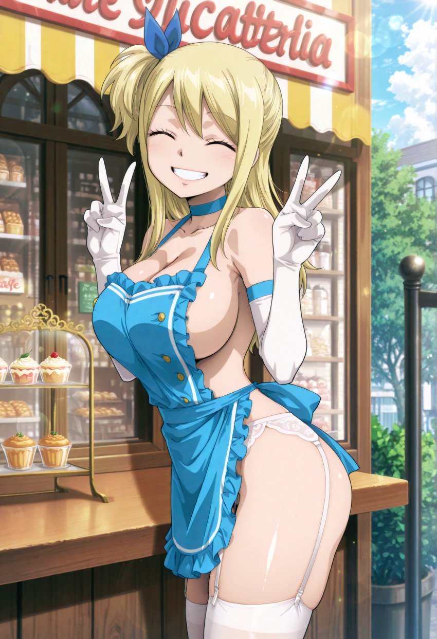 ai_generated apron blonde_hair cafe closed_eyes fairy_tail gloves long_hair lucy_heartfilia outdoors outside smile teeth