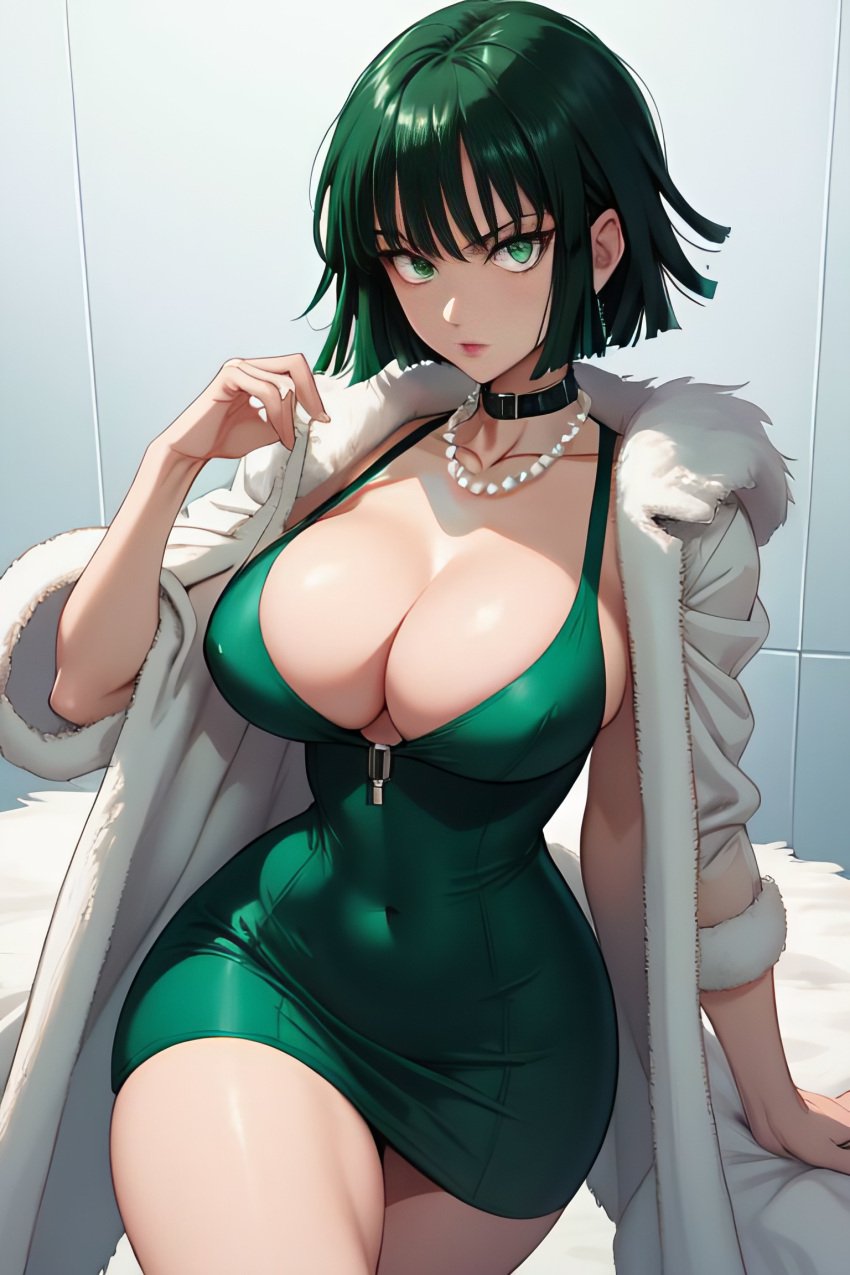 1girls ai_generated big_ass big_breasts cleavage curvy curvy_figure fubuki_(one-punch_man) green_dress green_eyes green_hair one_punch_man solo