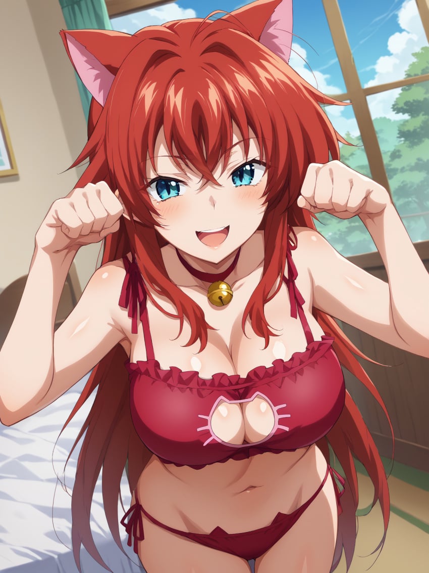 ai_assisted ai_generated ass bed bedroom bell blush cat_ears cat_lingerie catgirl choker devil high_school_dxd open_mouth paw_pose rias_gremory smile thighs