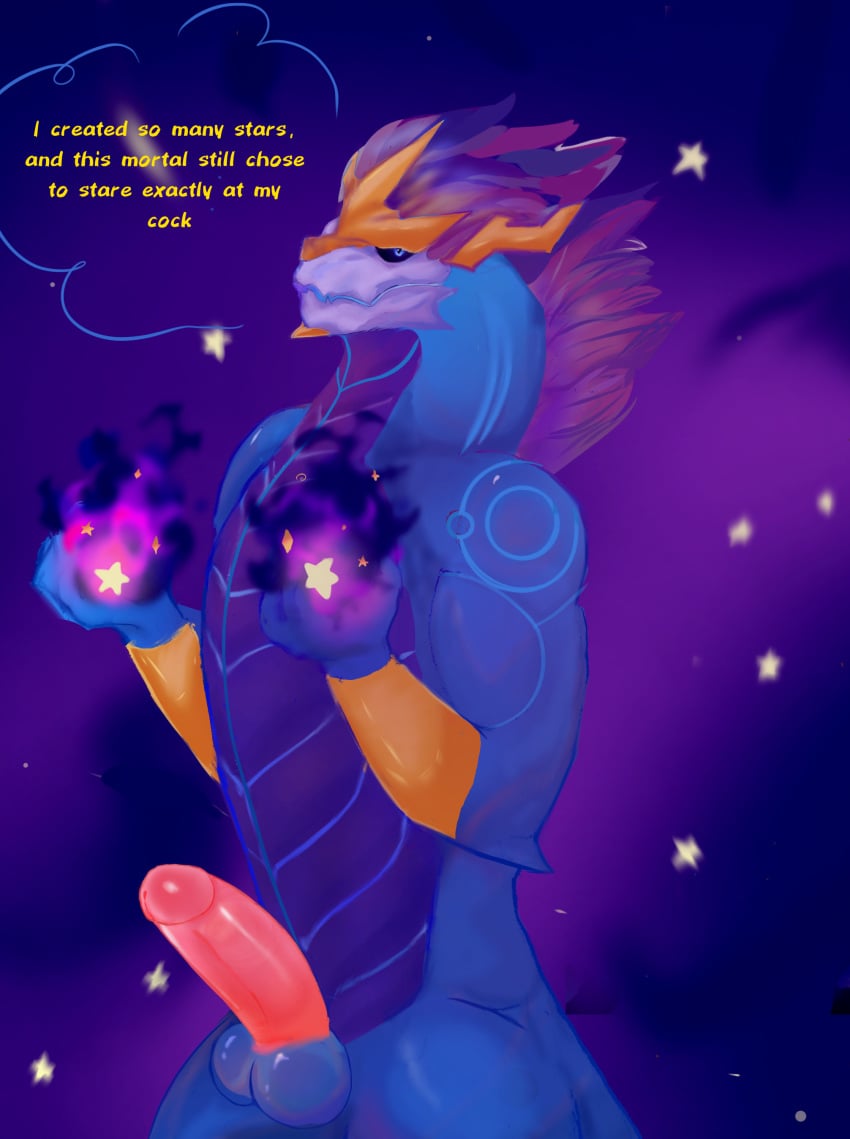 absurd_res anthro aurelion_sol balls bone crown dragon english_text genitals headgear hi_res league_of_legends male mythological_creature mythological_scalie mythology penis riot_games saint1596321qqq scalie skull skull_head solo tencent text