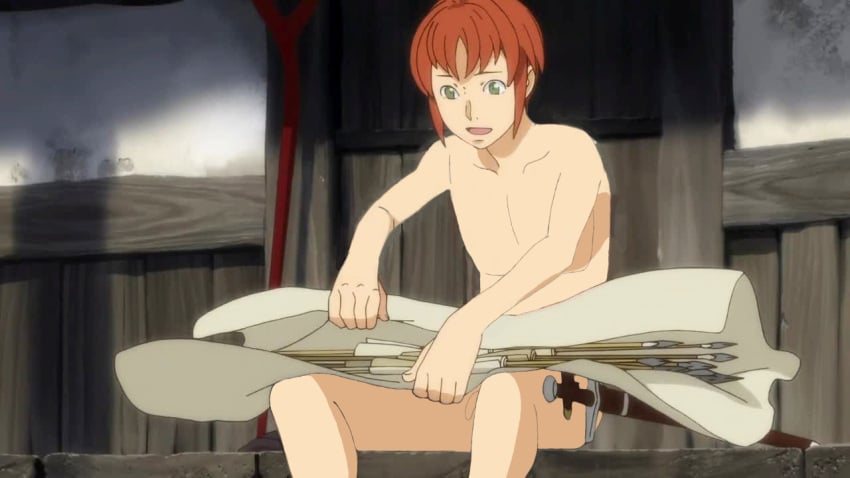 french fully_naked_male fully_nude fully_nude_male ginger ginger_hair green_eyes handsome handsome_man hut joseph_(junketsu_no_maria) junketsu_no_maria message messenger_bag nude nude_male penis shed sitting young_man