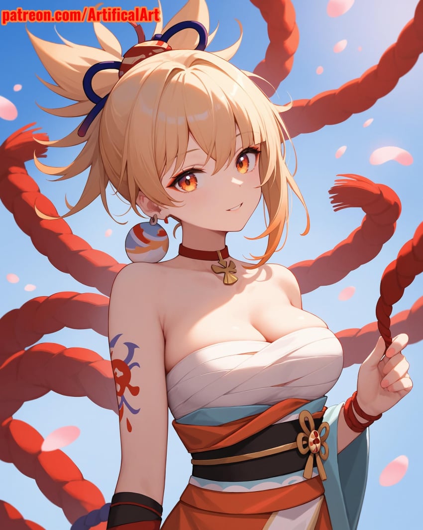 1girls ai_generated artifical_art blonde_female blonde_hair genshin_impact girl hair_ornament medium_hair orange_eyes perfect_body red_choker yoimiya_(genshin_impact)