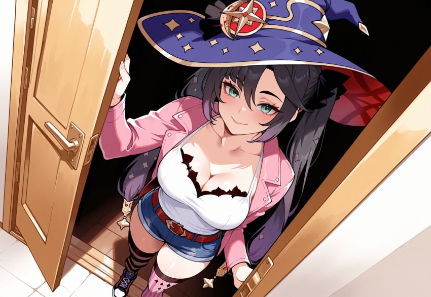 ai_generated blush denim_shorts door doorway genshin_impact medium_breasts mona_(genshin_impact) open_door sexy_clothing shiny_skin shorts smile smiling stockings thick_thighs thighhighs witch_hat