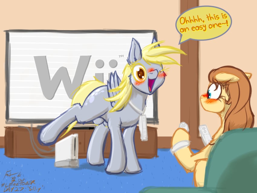 4:3 blush controller cream_heart_(mlp) derpy_hooves dialogue doing_it_wrong duo electronics english_text equid equine fan_character feathered_wings feathers female feral friendship_is_magic frist44 furniture game_console game_controller hasbro living_room mammal misunderstanding my_little_pony mythological_creature mythological_equine mythology nintendo pegasus raised_leg silly sofa teats television text wii wings