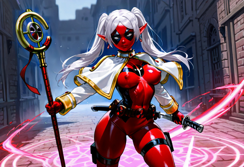 ai ai_generated cape deadpool erect_nipples_under_clothes frieren frieren_beyond_journey's_end fused fusion hybrid katana magic magic_circle magic_user magician marvel_comics nipple_bulge self_upload stable_diffusion staff standing superhero_costume superheroine twintails white_hair