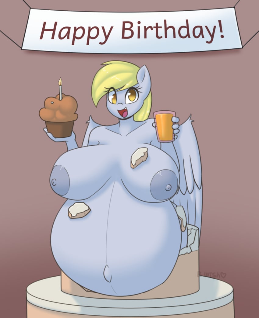 5_fingers anthro anthrofied areola belly beverage big_belly big_breasts big_nipples birthday blonde_hair breasts bumpywish cake container cup derpy_hooves dessert digital_media_(artwork) dual_holding equid equine eyelashes feathered_wings feathers female fingers fire food friendship_is_magic grey_areola grey_body grey_feathers grey_nipples hair hasbro hi_res holding_beverage holding_container holding_cup holding_food holding_object huge_belly huge_breasts hyper hyper_pregnancy juice_(beverage) mammal muffin my_little_pony mythological_creature mythological_equine mythology nipples open_mouth open_smile orange_juice pegasus pregnant pregnant_anthro pregnant_female smile solo wings yellow_eyes