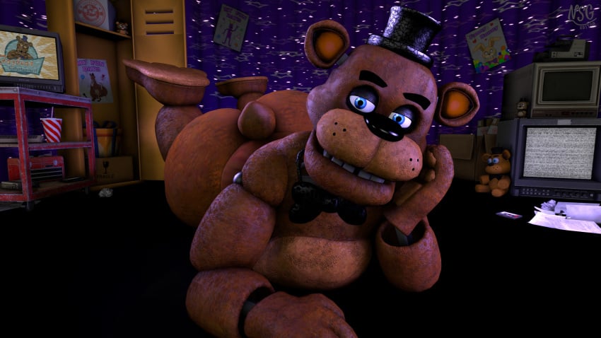 16:9 3d_(artwork) absurd_res animatronic anthro ass bear big_butt blue_eyes bow_tie box brown_body clothing container digital_media_(artwork) drawing_(object) electronics feet five_nights_at_freddy's freddy_(fnaf) glowing glowing_eyes hat headgear headwear hi_res looking_at_viewer lying lying_on_ground machine male mammal multicolored_body nsg_editor nude on_ground open_mouth plushie robot scottgames smile solo source_filmmaker_(artwork) static tail teeth television top_hat two_tone_body widescreen