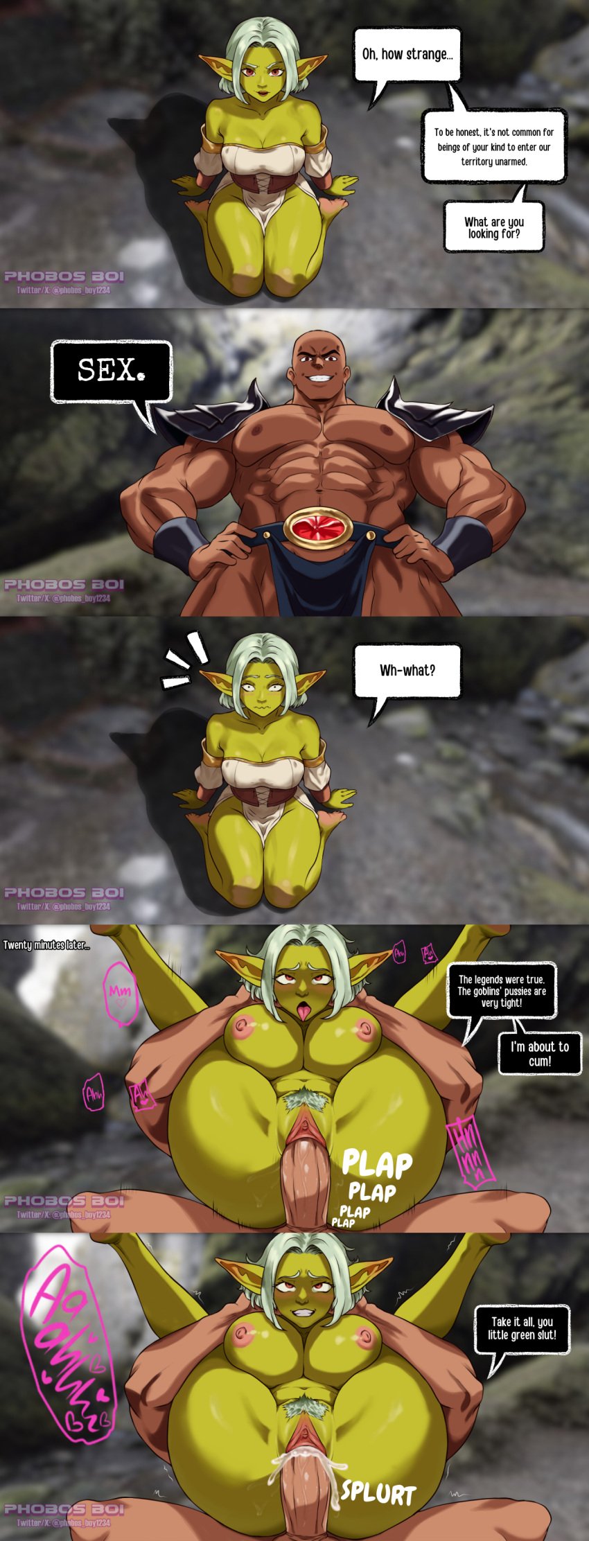 ahe_gao big_breasts big_breasts big_hips breasts cave cock cum cum_in_pussy cum_inside deep_penetration dialogue digital_art drawing goblin goblin_female medieval platinum_hair rough_sex sex short_hair shortstack unexpected