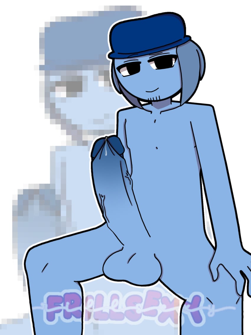 bad_art black_eyes blue_body blue_hat blue_penis huge_balls huge_cock incredibox incredibox_mod male male_only poorly_drawn poorly_made precum raised_eyebrow sitting smile smiling smirk smirking sprunki sprunki_2p_(sprunki_mod) tunner_(sprunki) veiny_cock watermark