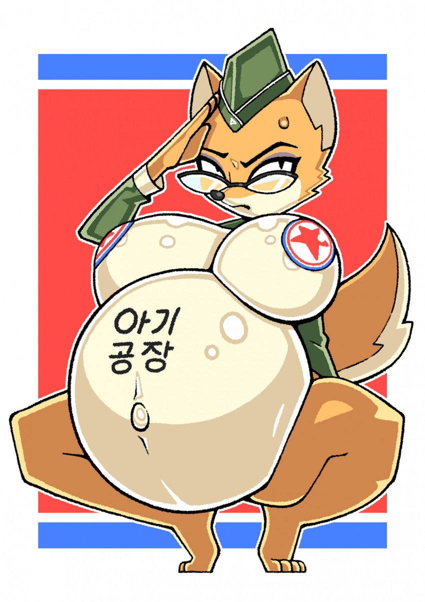 1girls big_belly breasts breasts_out female female_only flag_pasties fox fox_humanoid furry furry_female furry_only glasses gunbangjindog humanoid impregnated korean_text lt._fox_vixen mascara military_uniform north_korean_flag pasties pregnant prisoner punishment salute squatting squirrel_and_hedgehog sweat sweatdrop sweating