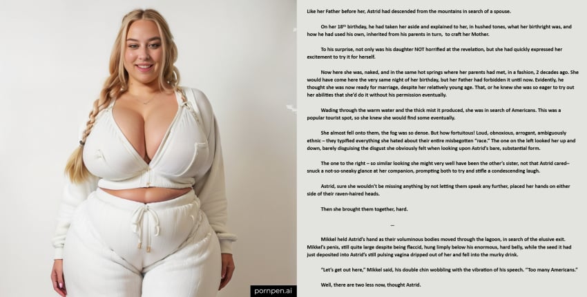 ai_generated bbw blonde_female blonde_hair caption erotica european european_female fat_man fat_woman forced ftm_transformation fusion gender_transformation hot_spring huge_breasts identity_death merging nordic race_swap transformation weight_gain wide_hips