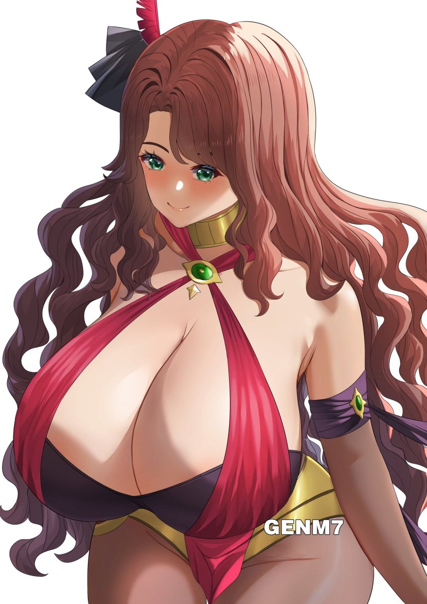 1girls blush breasts breasts_bigger_than_head brown_hair choker dorothea_arnault dorothea_arnault_(plegian) female female_only fire_emblem fire_emblem:_three_houses fire_emblem_warriors:_three_hopes genm7 green_eyes green_jewelry large_breasts long_hair massive_breasts nintendo plegian red_outfit smile wavy_hair