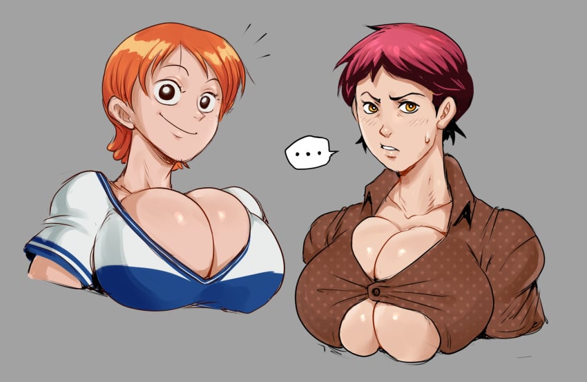 2girls big_breasts clothing detnox female female_only huge_breasts light-skinned_female looking_at_viewer nami nami_(one_piece) one_piece orange_hair pink_hair short_hair tagme tagme_(character) tomboy voluptuous_female