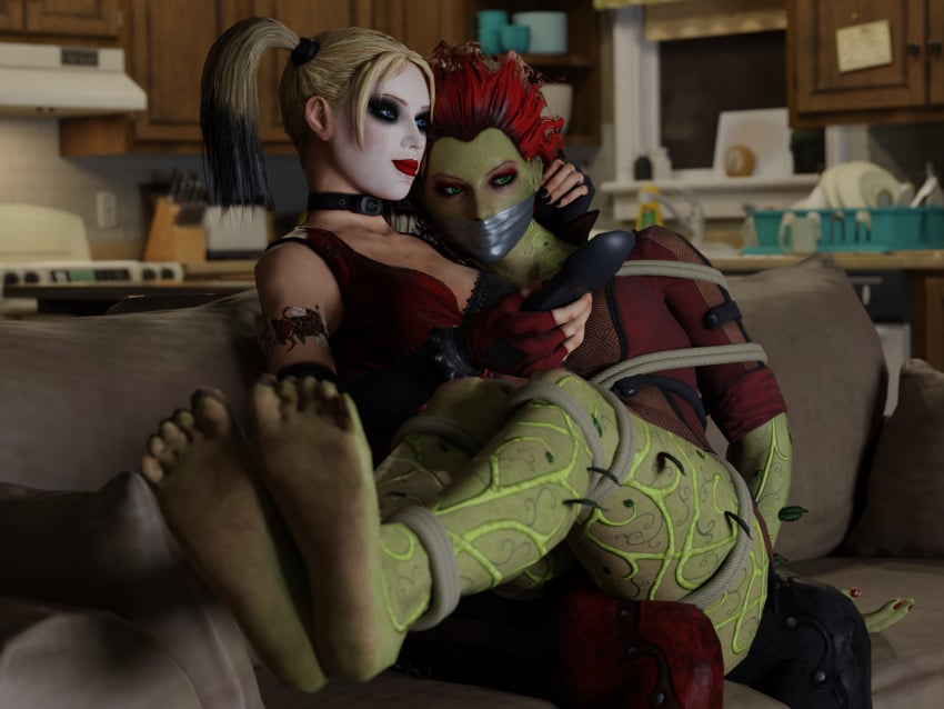 2girls 3d batman:_arkham_city batman_(series) blender blonde_hair bondage clothed cuddling dc_comics feet femdom gag gagged harleen_quinzel harley_quinn lesbian_couple living_room pamela_isley poison_ivy red_hair rope soles taped_mouth theblendertaper