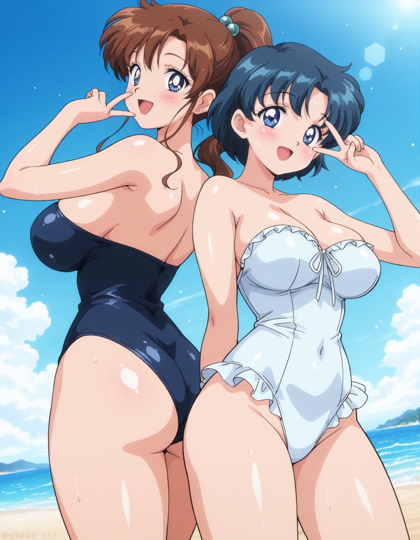 2girls ai_generated ami_mizuno beach bishoujo_senshi_sailor_moon breasts female female_only huge_breasts human large_breasts makoto_kino multiple_females multiple_girls non-nude nonude one-piece_swimsuit peace_sign sailor_jupiter sailor_mercury skirt swimsuit water