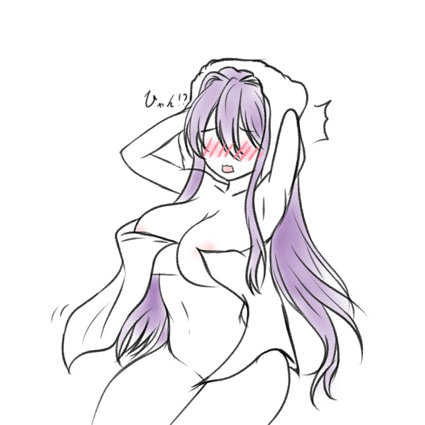 1female 1girls areola_slip areolae areolae_slip blush blush_lines blushing breasts doki_doki_literature_club embarrassed embarrassed_naked_female embarrassed_nude_female enf female female_focus long_hair mochachoco naked navel nude purple_hair tagme text towel towel_only wardrobe_malfunction yuri_(doki_doki_literature_club)