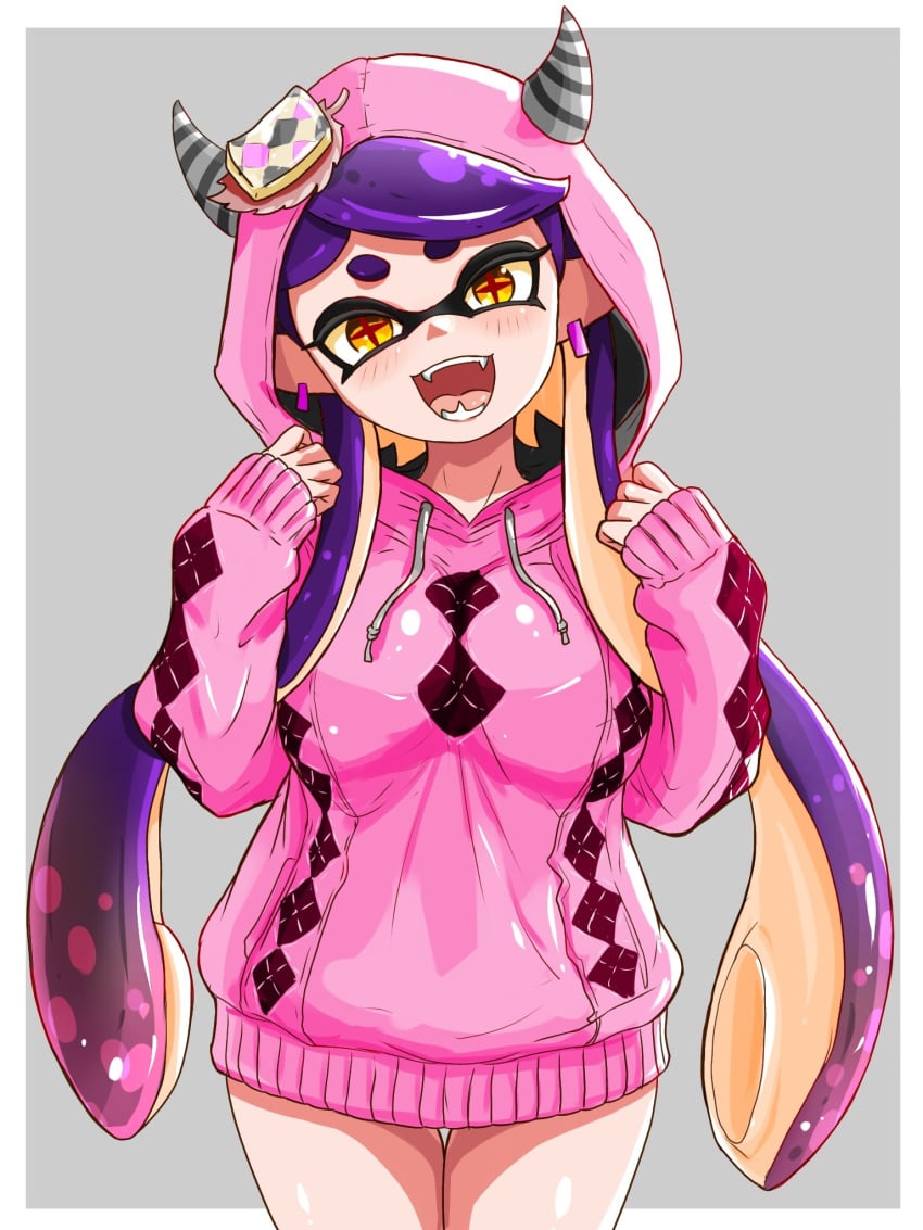 +_+ 1girls blush breasts callie_(splatoon) earrings fangs female hood horns inkling inkling_girl jewelry large_breasts long_hair long_sleeves looking_at_viewer nintendo open_mouth pointy_ears solo solo_female solo_focus splatoon splatoon_(series) sweater t2ukmyjm teeth tentacle tentacle tentacle_hair thighs tongue twintails two-tone_hair yellow_eyes