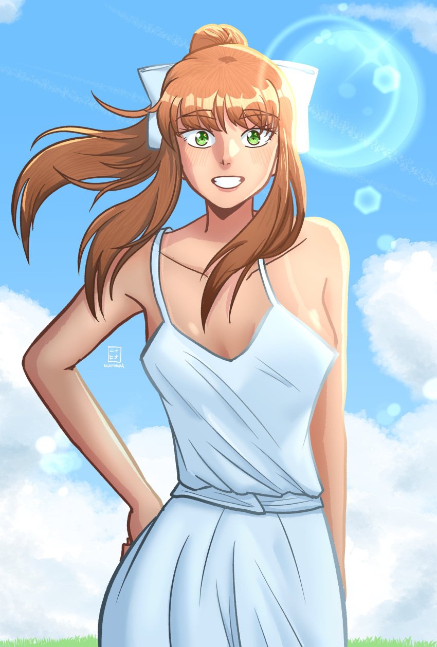 1female 1girls doki_doki_literature_club dress dress_only ecchihinaa female_focus green_eyes long_hair monika_(doki_doki_literature_club) no_nudity tanline white_dress