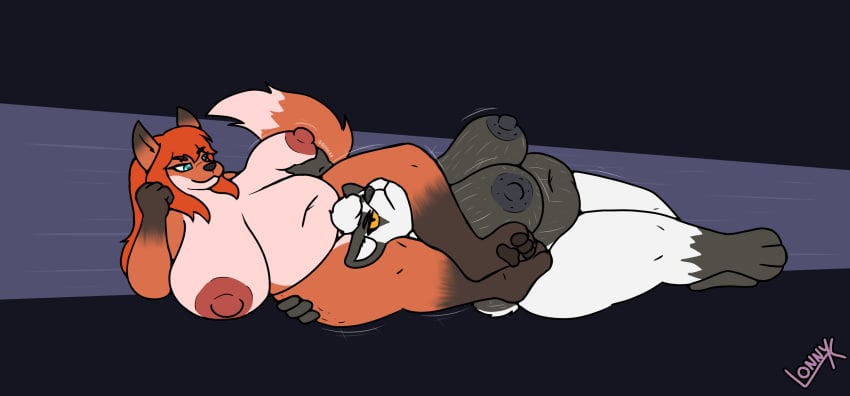 2d 2girls anthro areolae badger belly big_breasts big_nipples breast_grab breast_squeeze breasts bronwyn_(blackpaw1000) canid canine ceran_altwood digital_media duo female female/female female_only fox full_body furry hand_on_breast hi_res huge_breasts leg_press lonnyk lying mammal mustelid musteline nipples nude on_side original overweight overweight_female sagging_breasts smug squeezing wrestling yuri