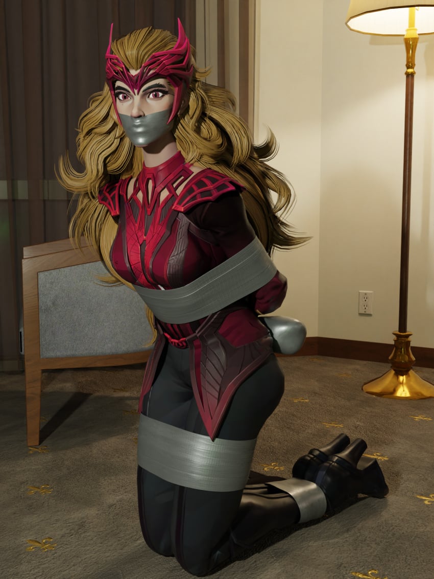 1girls 3d blender bondage clothed female female_focus female_only gag gagged headgear long_hair long_sleeves marvel marvel_cinematic_universe marvel_rivals scarlet_witch tape_bondage tape_gag taped_mouth theblendertaper wanda_maximoff